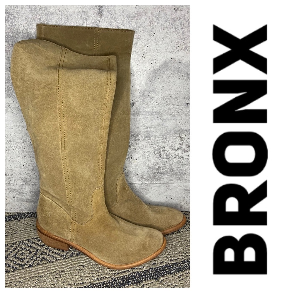 Bronx Light Tan Tall Suede Flat Small Stacked Heel Boots